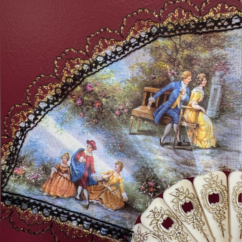 Vintage Decorative Hand Fan with Lace and Victorian Artwork - Picture 5 of 6